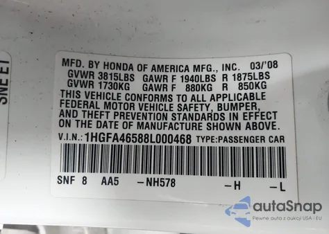 2008 Honda Civic Gx z USA, uszkodzony, nr VIN 1HGFA46588L000468